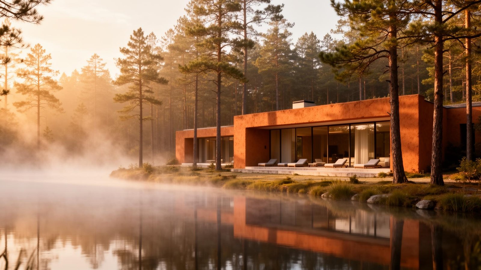 Luxury eco villa beside a misty forest lake