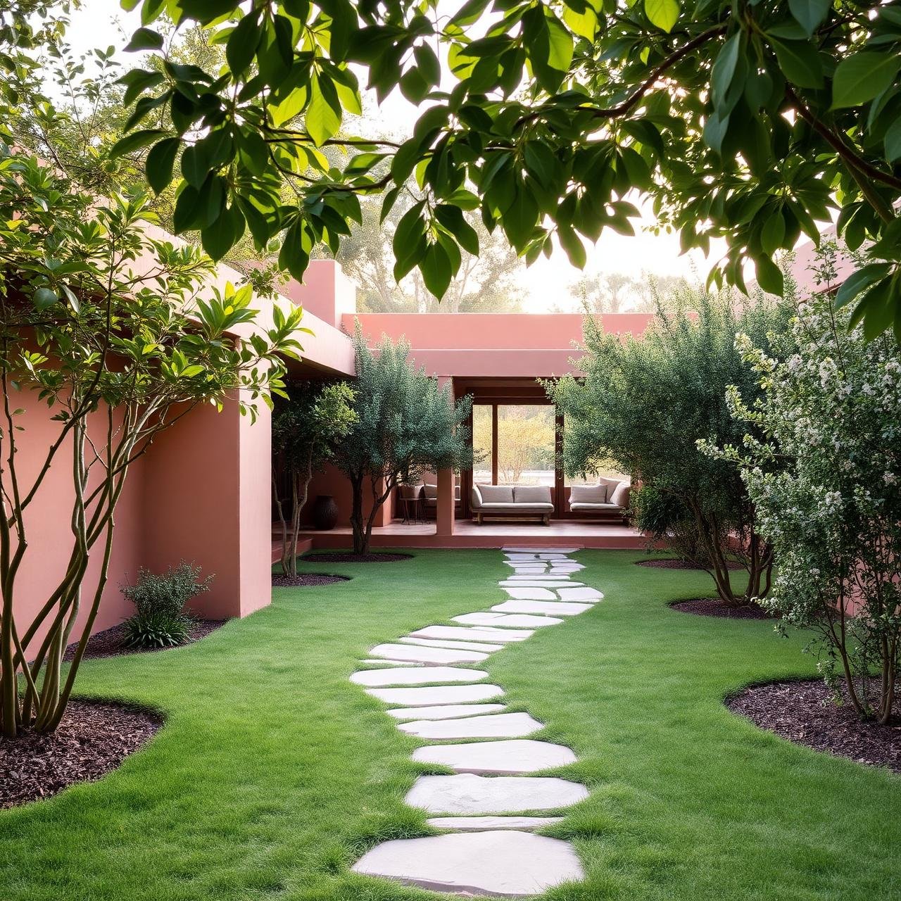 Calm eco home pathway with greenery